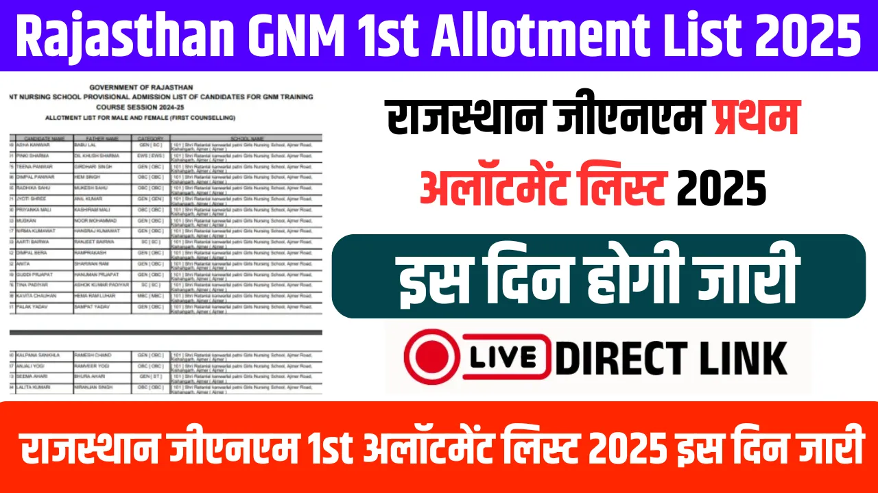 Rajasthan GNM 1st Allotment list 2025